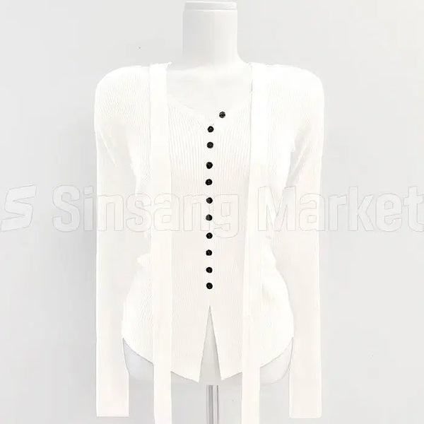 [BUNJANG] Slim Fit Strap Button Knit Top (White, Navy) / [빠른발송] 슬림핏 스트랩 버튼 니트 NT 1584 화이트 네이비 컬러추