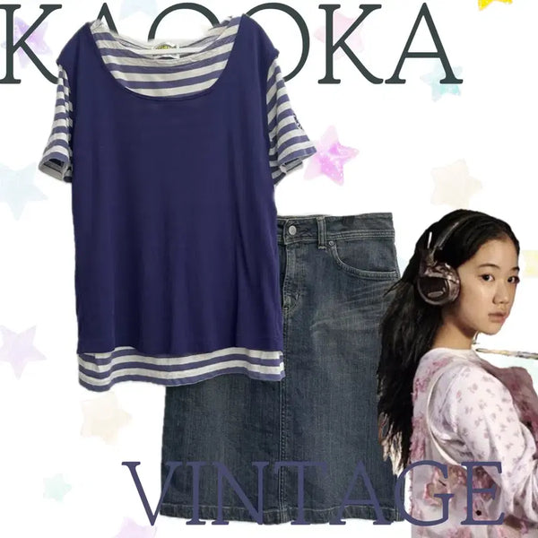 [BUNJANG] Japanese Vintage Layered Stripe Denim Midi Skirt Coordi Set / 일본빈티지 러블리 키치 괴짜 레이어드 스트라이프 데님 미디스커트 코디세트