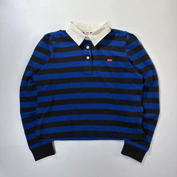 [BUNJANG] Levi's Blue Stripe Collar Long Sleeve Crop T-Shirt / 리바이스 블루 스트라이프 카라 긴팔 크롭티셔츠