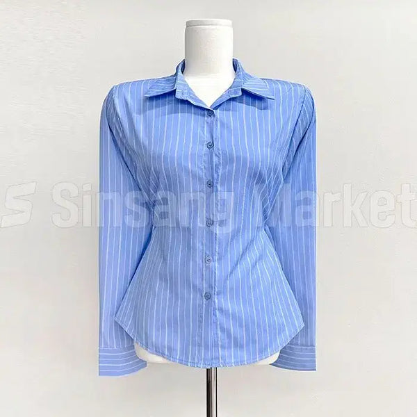 [BUNJANG] Women's Striped Shirt with Waist Button Detail / [빠른발송] 2만장판매 날씬핏 허리단추 스트라이프 셔츠 SH 8004