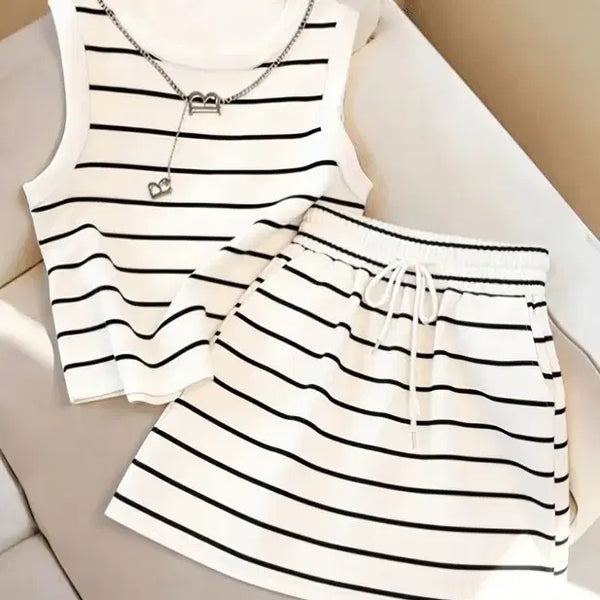 [BUNJANG] Striped Sleeveless Top and Shorts Set (White/Size 77) / 단가라 나시 세트 (흰색/77)