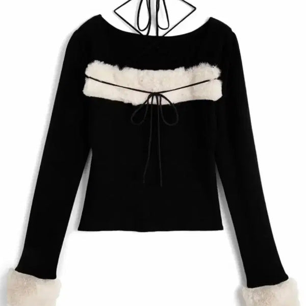 [BUNJANG] Grl Faux Fur Halterneck Ribbed Knit / Grl 그레일 퍼 홀터넥 리본 니트 판매 양도 스나계