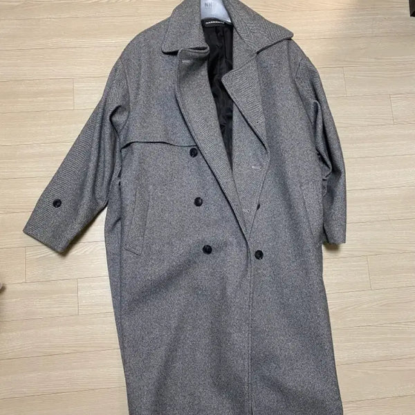 [BUNJANG] Herringbone Pattern Double-Button Long Coat - Gray / 체크 패턴 코트 그레이