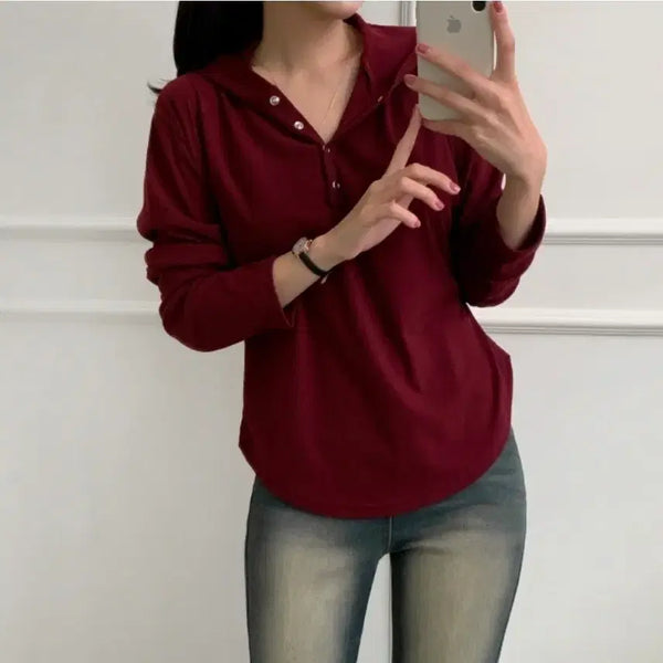 [BUNJANG] Snap Hoodie Long Sleeve T-Shirt - Wine / 스냅 후드 롱슬리브 와인