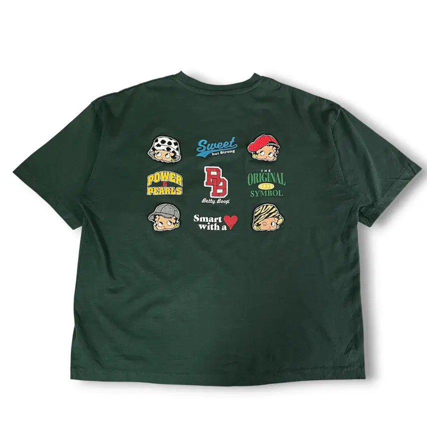 [BUNJANG] Betty Boop BB Logo Embroidered Short Sleeve T-Shirt Deep Green / 베티붑 BB로고 자수 딥그린 반팔티 M