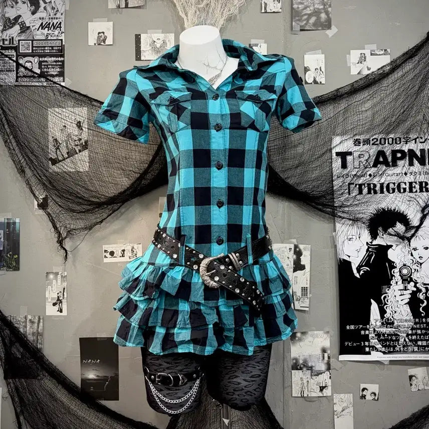 [BUNJANG] Romantic Giallo Mintcore Check Frill Dress / 로멘틱 갸루 민트코어 체크 프릴 원피스
