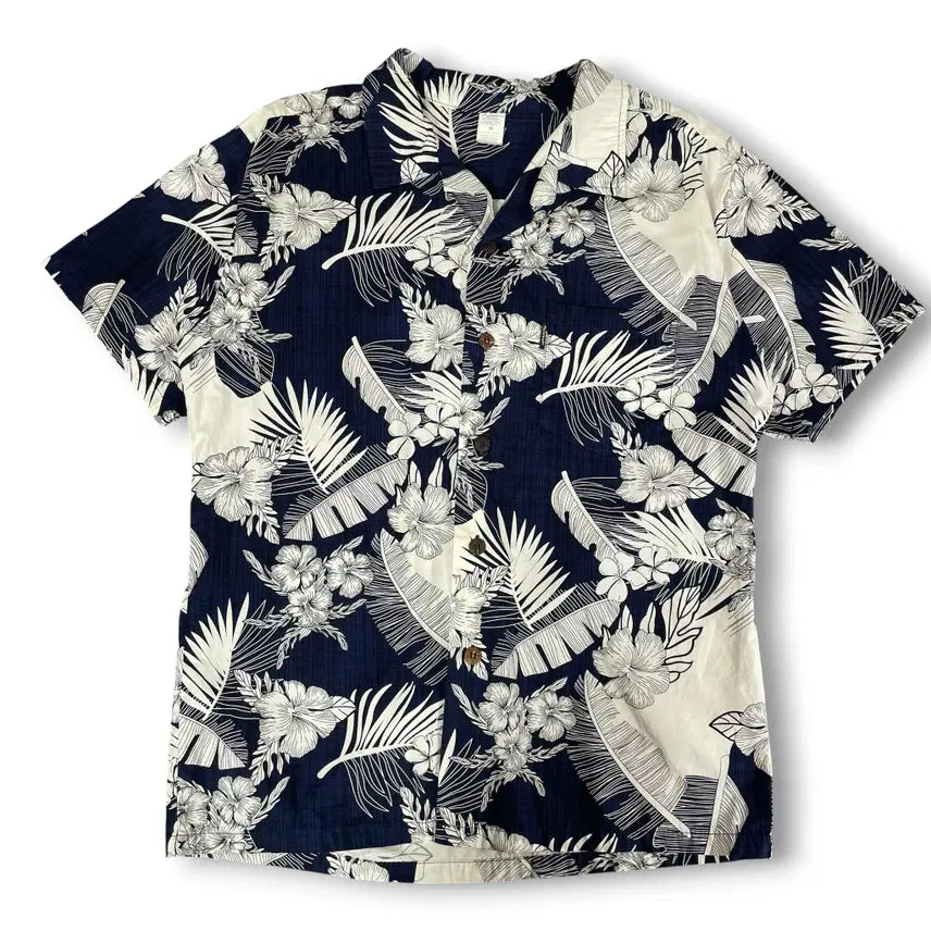 [BUNJANG] Palm Wave Navy Cream Floral Hawaiian Shirt M / 팜웨이브 네이비 크림 플로럴 하와이안 셔츠 M