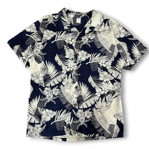 [BUNJANG] Palm Wave Navy Cream Floral Hawaiian Shirt M / 팜웨이브 네이비 크림 플로럴 하와이안 셔츠 M