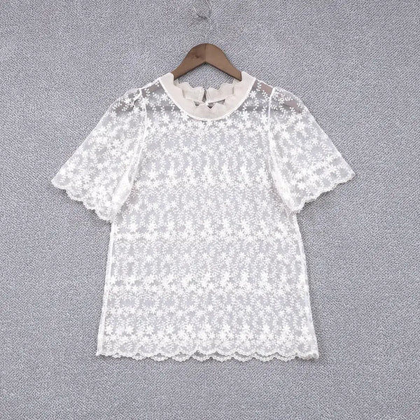 [BUNJANG] THE LENA Women's Sheer Floral Crochet Lace Short-Sleeve Blouse / THE LENA [여성] 시스루 플라워 크로셰 레이스 [봄여름] 반팔 블라우스 55-66
