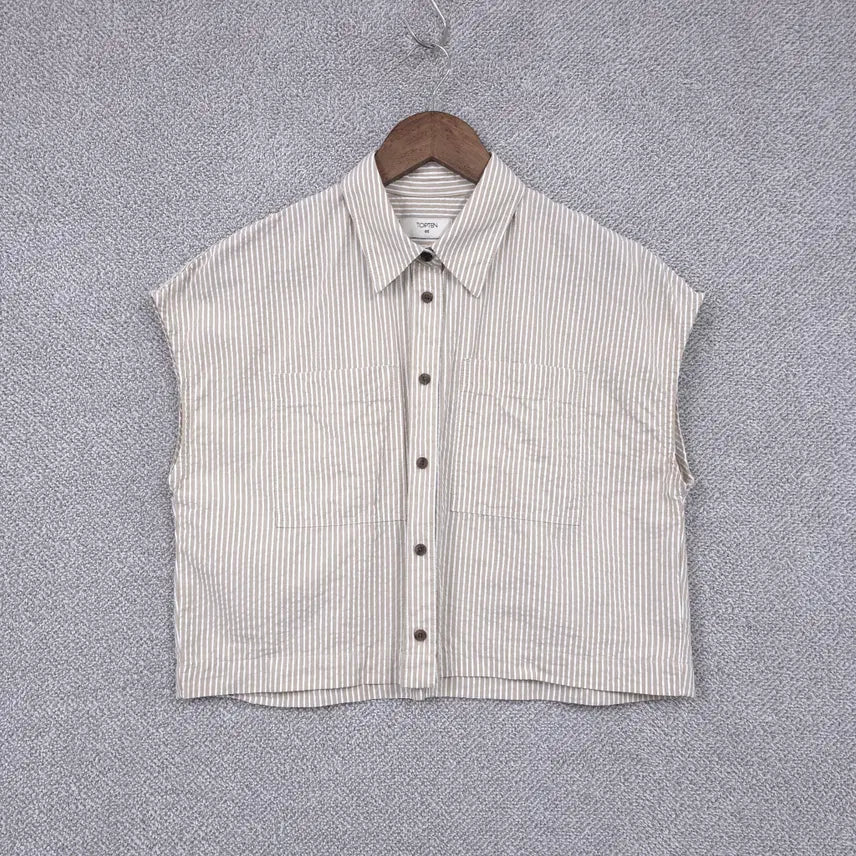 [BUNJANG] TOPTEN Women's Seersucker Stripe Cropped Loose Fit Two-Pocket Sleeveless Shirt Blouse (Size 44-66) / 탑텐 여성 [시어서커 단가라] [크롭 루즈핏 투포켓] 민소매 셔츠 블라우스 44-66 까지