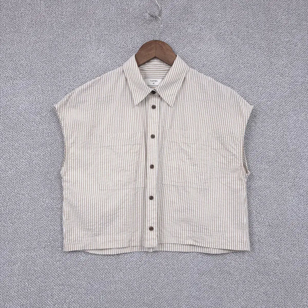 [BUNJANG] TOPTEN Women's Seersucker Stripe Cropped Loose Fit Two-Pocket Sleeveless Shirt Blouse (Size 44-66) / 탑텐 여성 [시어서커 단가라] [크롭 루즈핏 투포켓] 민소매 셔츠 블라우스 44-66 까지