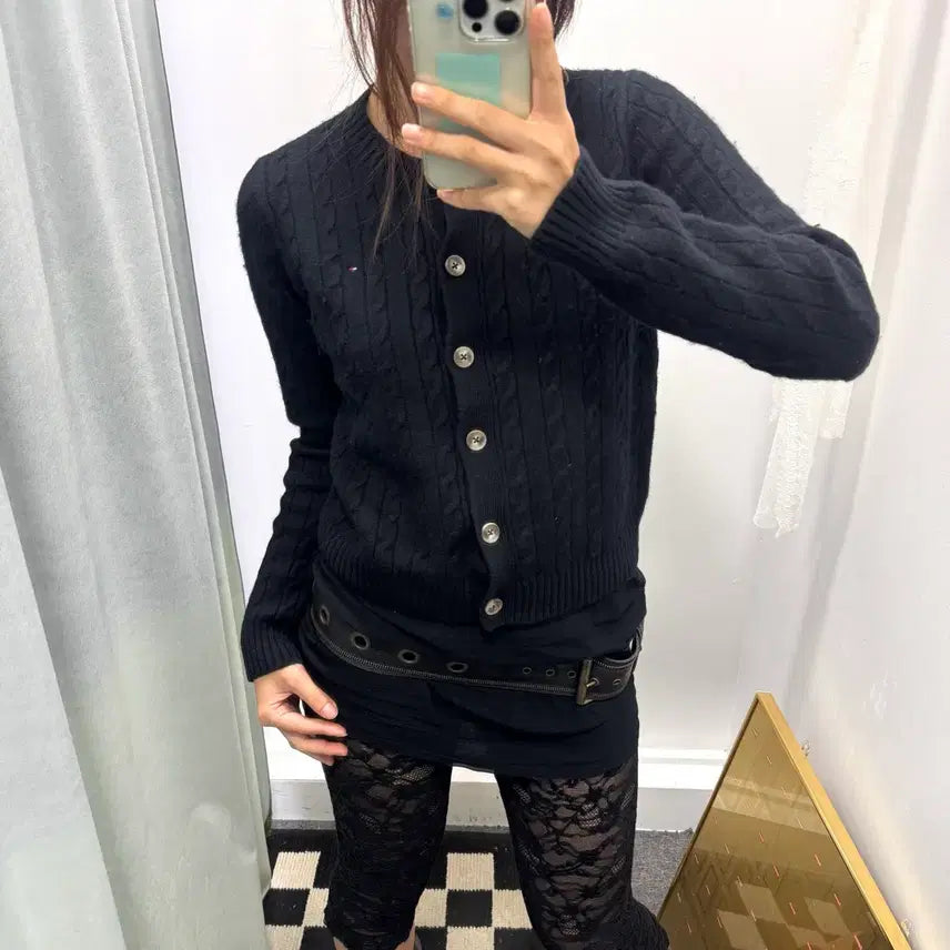 [BUNJANG] Tommy Hilfiger Black Cable Knit Cardigan / 타미힐피거 블랙 케이블 가디건