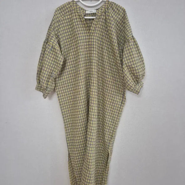 [BUNJANG] Yellow Check Pattern Puff Sleeve Long Dress / 체크 패턴 원피스 옐로우