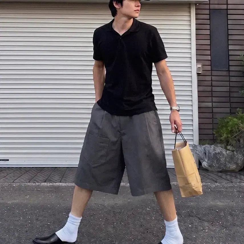 [BUNJANG] Nomming Chinno One-Tuck Pocket Wide Bermuda Shorts Charcoal / [S] 노밍 치노 원턱 포켓 와이드 버뮤다 쇼츠 차콜
