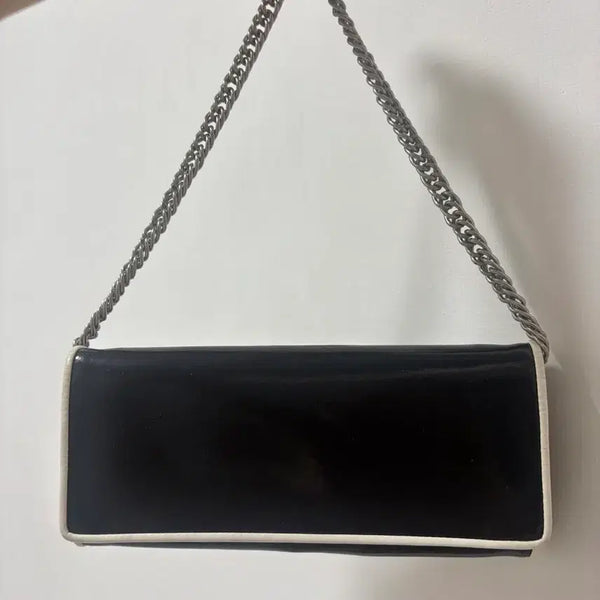 [BUNJANG] Black Enamel 3-Way Chain Clutch Crossbody Bag Wallet / 블랙 에나멜 크로스백/ 클러치/ 지갑 3way