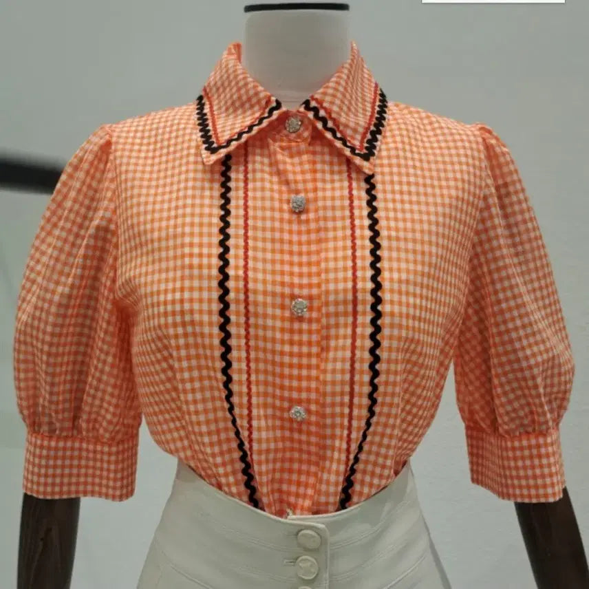 [BUNJANG] MOJO.S.PINE Orange Check Puff Blouse / 모조에스핀 주황색 체크 퍼프 블라우스