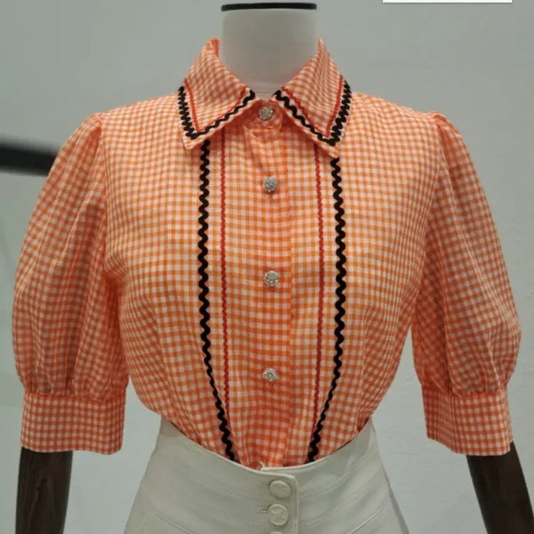 [BUNJANG] MOJO.S.PINE Orange Check Puff Blouse / 모조에스핀 주황색 체크 퍼프 블라우스