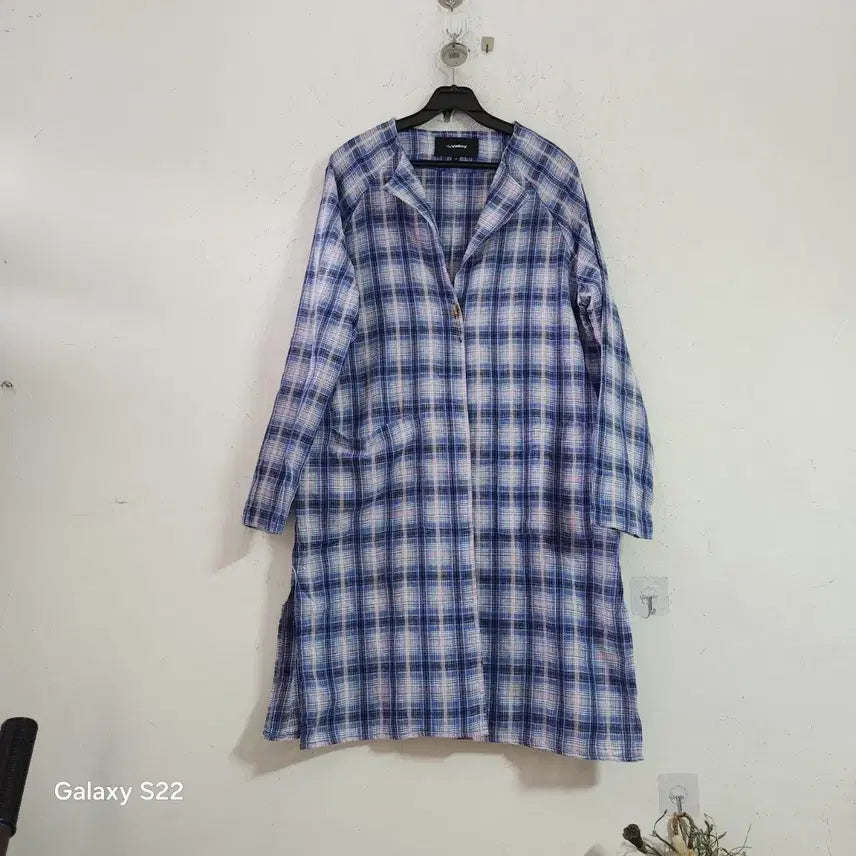 [BUNJANG] Check Pattern Long Shirt Blue / 체크 패턴 롱 셔츠 블루/