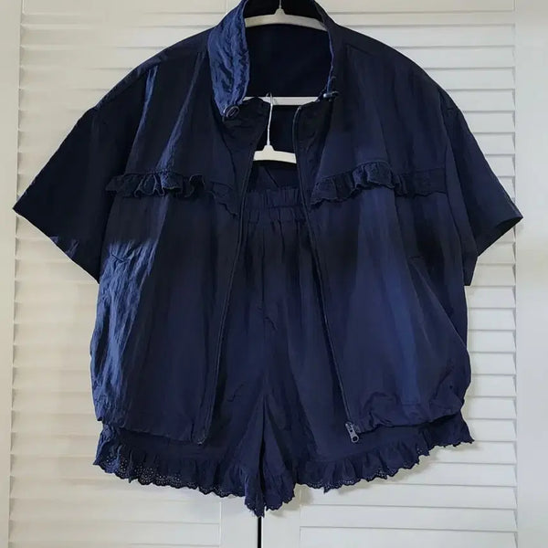 [BUNJANG] Navy Frill Zip-up Set / (새상품) 네이비색 프릴 집업 세트