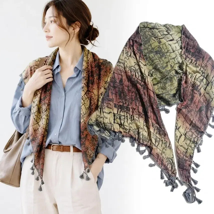 [BUNJANG] Vintage Asymmetrical Tassel Scarf Khaki Irregular Pattern Autumn Muffler / 양면 배색 프린팅 삼각 태슬 스카프 카키 가을 머플러 리버시블
