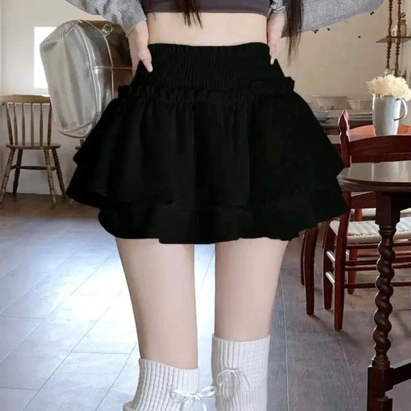 [BUNJANG] Black Tiered Skirt Shorts & Black Short Sleeve Knit Top Set / 검정 캉캉치마바지 & 검정 반팔 니트티 세트 Y2K 걸리계 스나계 일본스타일 갸루