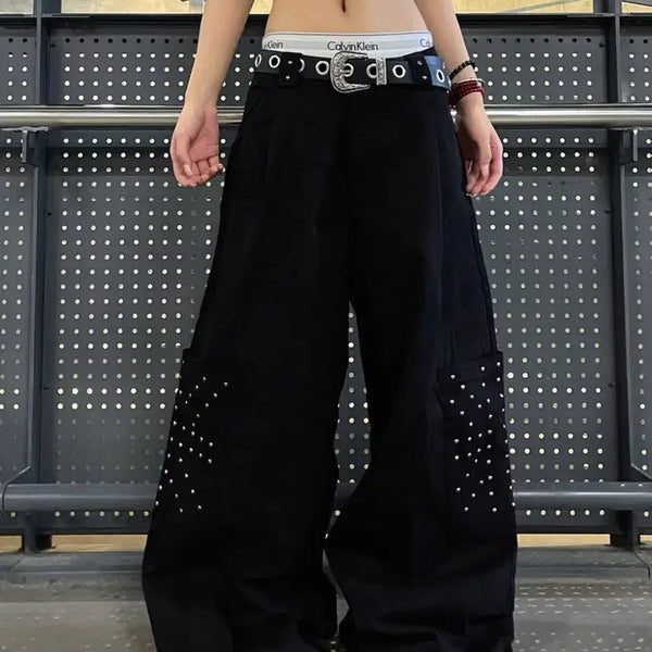 [BUNJANG] Black Cross Stud Detail Cotton Pants / 블랙 십자가 사이드 디테일 팬츠