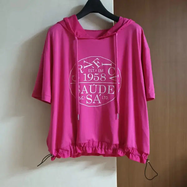[BUNJANG] Hot Pink Short Sleeve Hoodie (Free Size) / 새옷)핫핑크 반팔 후드티 free