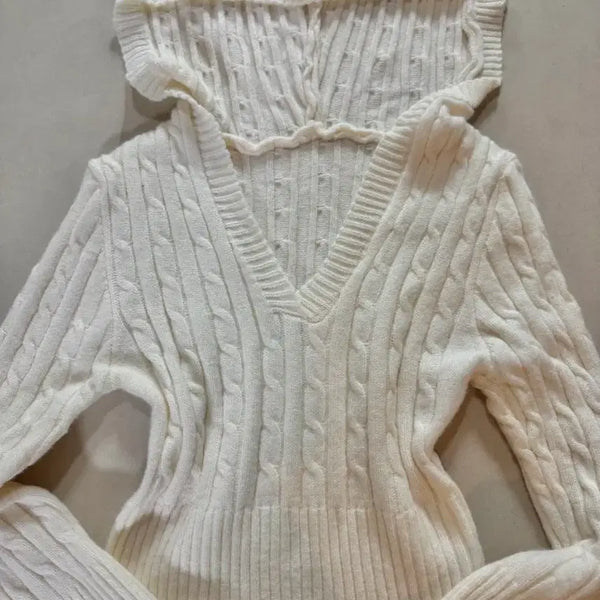 [BUNJANG] Slim Fit Cable Knit V-Neck Hooded Sweater / 슬림핏 꽈배기 브이넥 후드 니트[새상품]