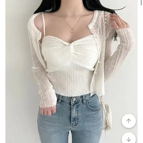 [BUNJANG] White Knit Sleeveless Cardigan Set / 화이트 꼬임 니트 나시 가디건 세트