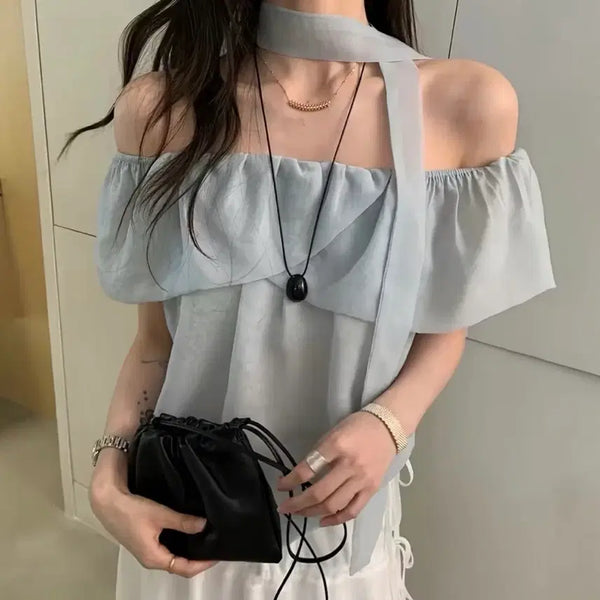 [BUNJANG] Off-Shoulder Blouse and Choker Set / 오프숄더 블라우스 + 초커 세트