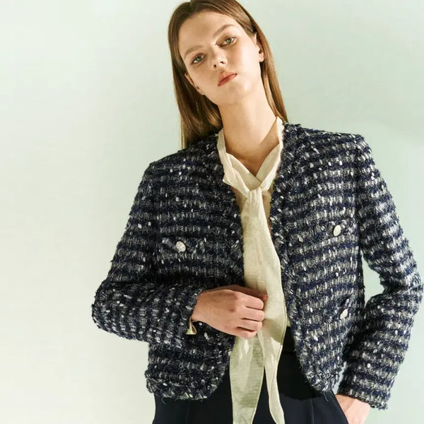 [BUNJANG] MINE Wool Blend Collarless Open Tweed Jacket / 마인(MINE) 울 블렌드 칼라리스 오픈 트위드자켓 55-66