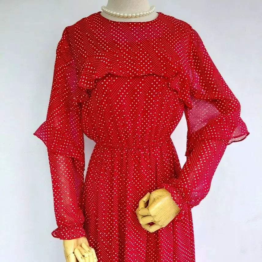 [BUNJANG] Polka Dot Frill Red Long Dress / 도트 프릴 레드 롱원피스