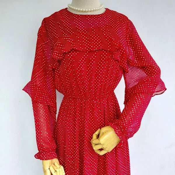 [BUNJANG] Polka Dot Frill Red Long Dress / 도트 프릴 레드 롱원피스
