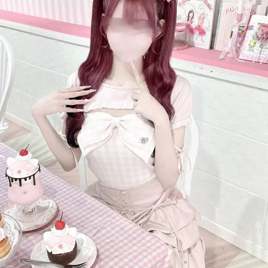 [BUNJANG] HONEY MEW Gingham Big Ribbon Short-Sleeve Knit (Pink) / HONEY MEW 허니뮤 깅엄 빅 리본 앙상블 반팔 니트 핑크 일브 스나계 걸리