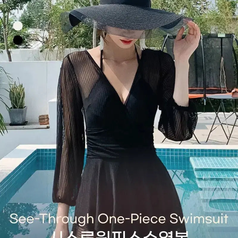 [BUNJANG] Black See-through Long Sleeve One-Piece Swimsuit / 시스루 원피스 수영복