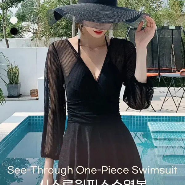 [BUNJANG] Black See-through Long Sleeve One-Piece Swimsuit / 시스루 원피스 수영복