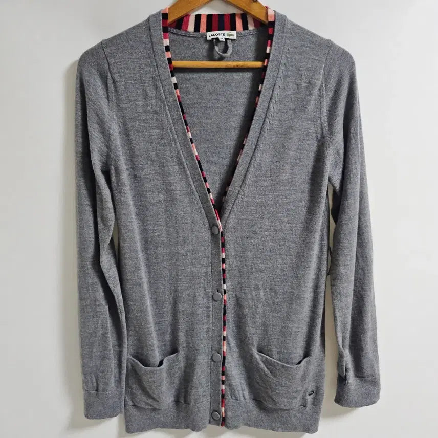 [BUNJANG] LACOSTE 100% Wool Stripe Color Block Long Cardigan (Charcoal Gray) / [38] 라코스테 정품 울 100% 스트라이프 배색 롱 가디건 (그레이)