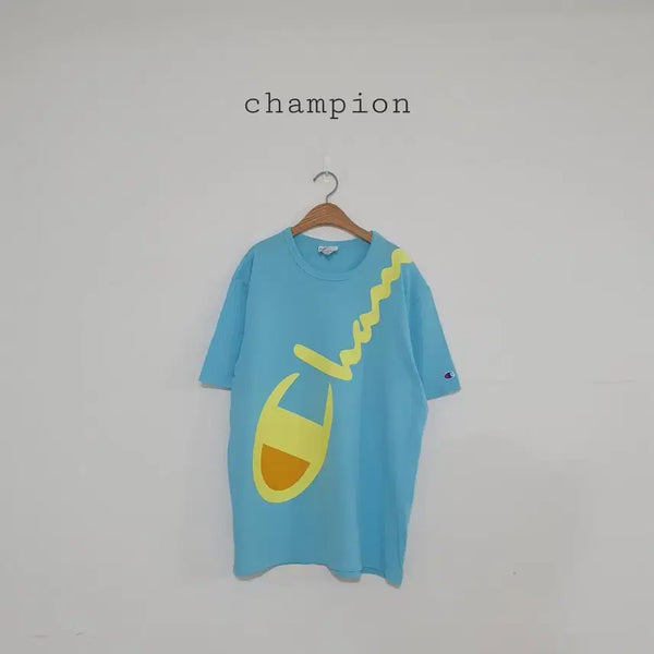 [BUNJANG] Champion Big Logo Short Sleeve T-Shirt Sky Blue Yellow L / No.26081610 챔피온 반팔 티셔츠 하늘색 옐로우 빅로고