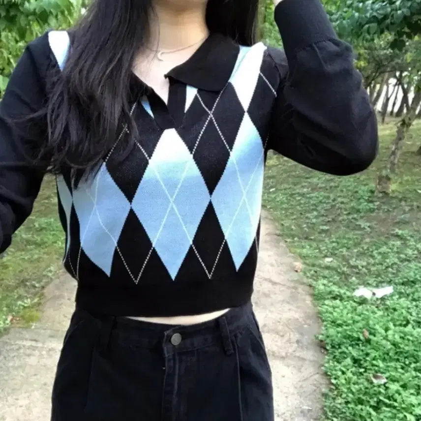 [BUNJANG] Argyle Crop Knit / 에이블리 아가일 크롭 니트