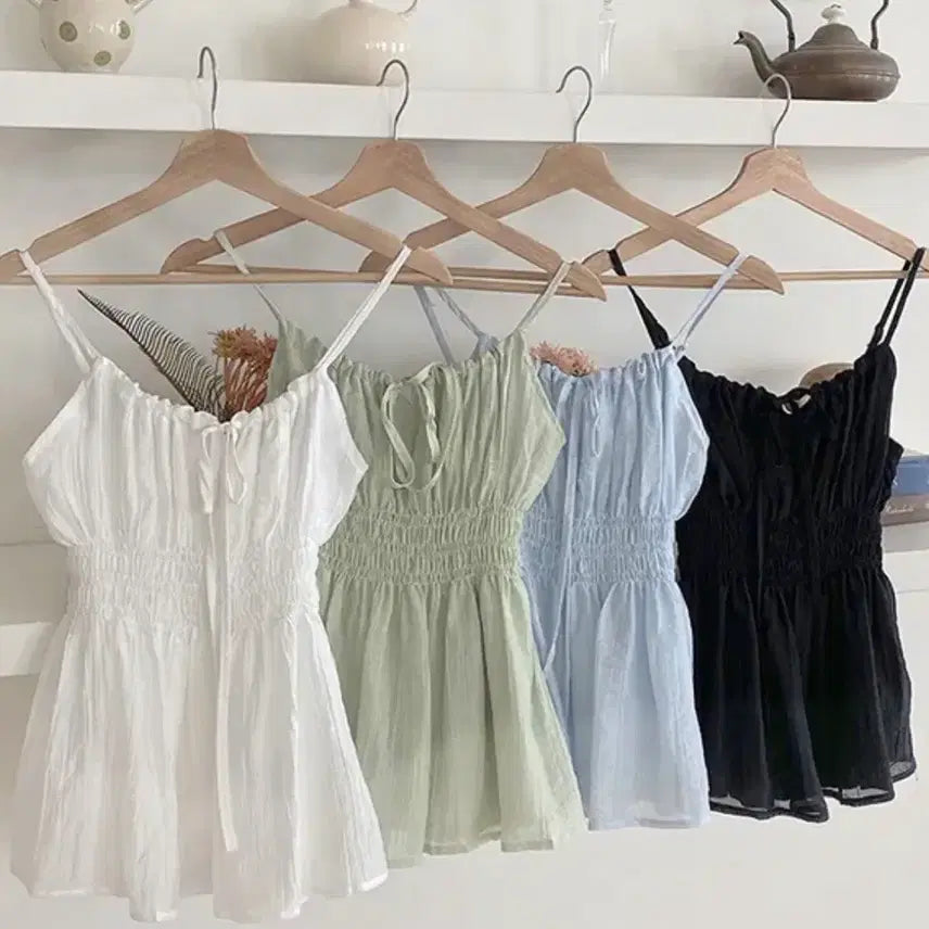[BUNJANG] Ribbon Shirring Sleeveless Bustier Blouse / 리본 셔링 나시 뷔스티에 블라우스