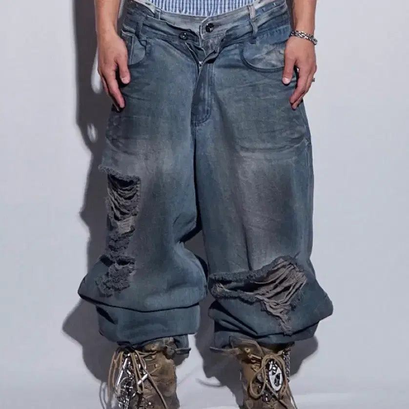 [BUNJANG] BLR Oil Washed Wide Denim Ripped Jeans / BLR 오일 워싱 와이드 데님 찢청