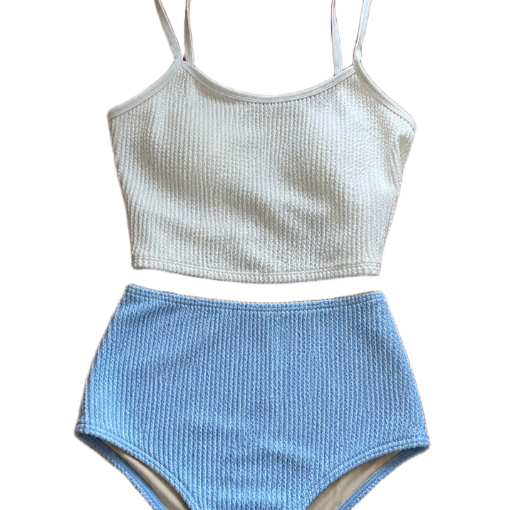 [BUNJANG] Waffle Knit Bikini Set - Ivory & Pastel Blue / 와플 니트 비키니 착용샷O