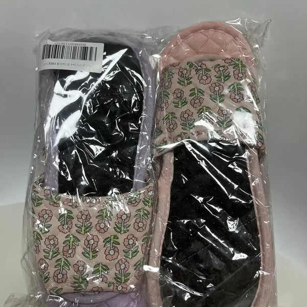 [BUNJANG] Women's Floral Quilted Cotton Slippers (Set of 2) / 새상품 여성 꽃무늬 퀼팅 면 실내화 거실 슬리퍼 두개