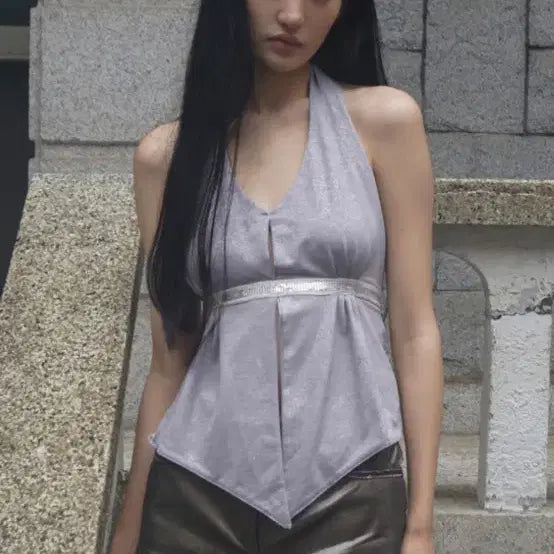 [BUNJANG] Muse Museum Beaded Strap Shirred Halter Top - Mauve / 뮤즈뮤지엄 Beaded Strap Shirred Halter Top - Mauve