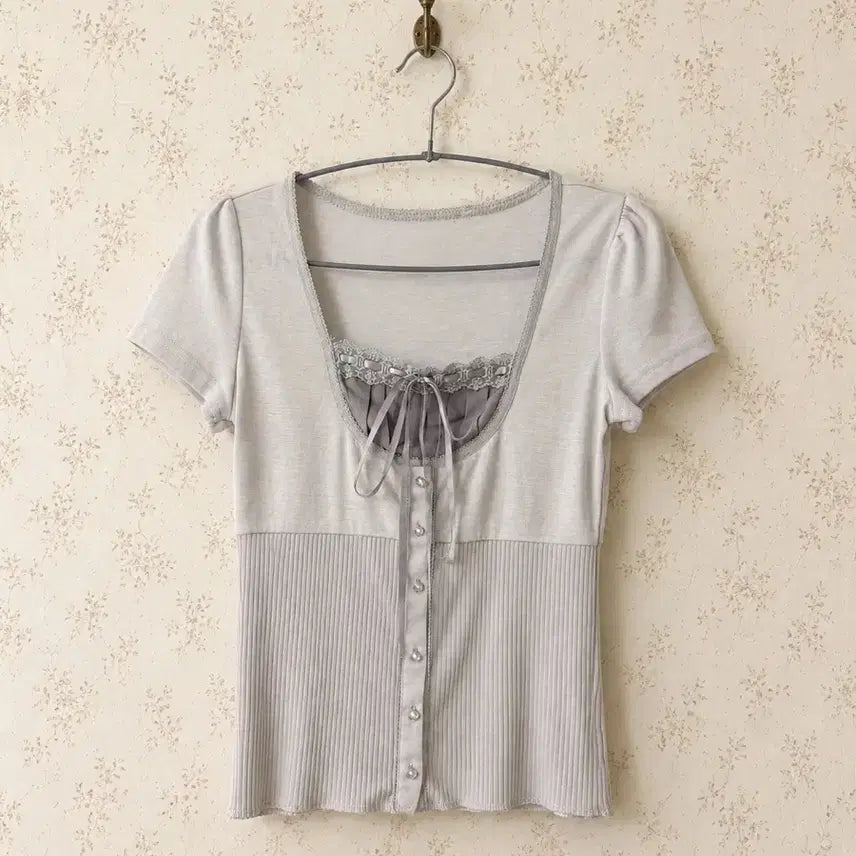 [BUNJANG] Lace Trim Shirring Short Sleeve Knit Top / 레이스 배색 셔링 반팔 니트