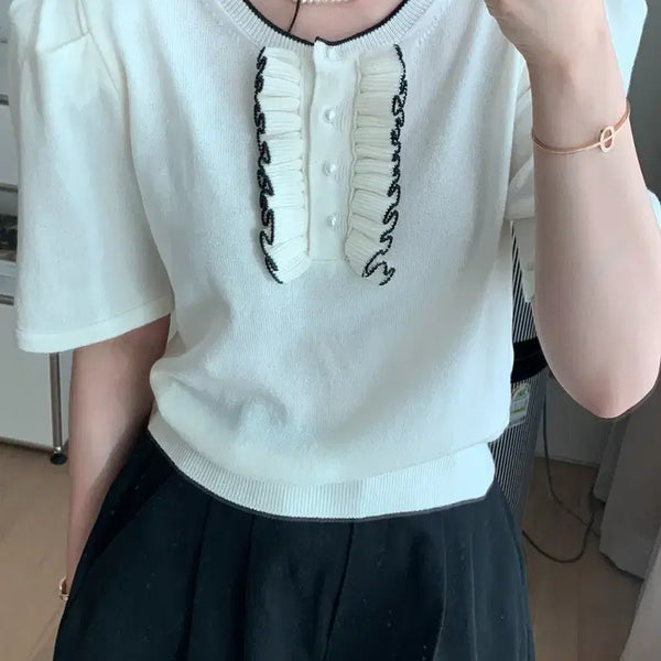 [BUNJANG] Frill Contrast Knit - Ivory / 제작 프릴배색니트 아이보리