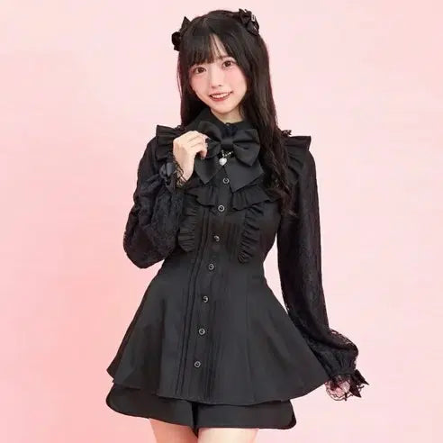 [BUNJANG] Secret Honey Lace Sleeve Pintuck Frill Yoke Setup Long Sleeve Blouse / 시크릿 허니 시허니 레이스 슬리브 핀턱 프릴 요크 셋업 긴팔 블랙