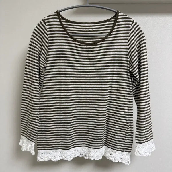 [BUNJANG] Vintage Shuka Brown Stripe Crochet T-Shirt / 빈티지 슈카 브라운 스트라이프 크로셰 티셔츠