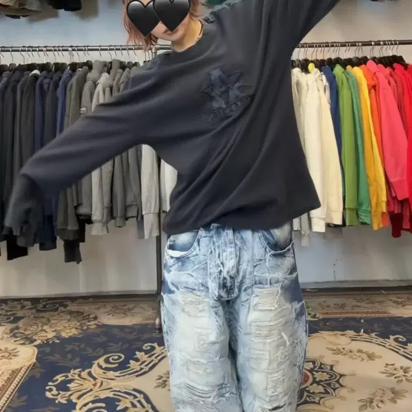 [BUNJANG] SUMJIP Vintage Coordi Set - Avirex Sweatshirt & Light Wash Cracked Denim Pants / 숨집 코디 세트 아비렉스 맨투맨 긴팔 티셔츠 연청 크랙 데님 팬츠 바지