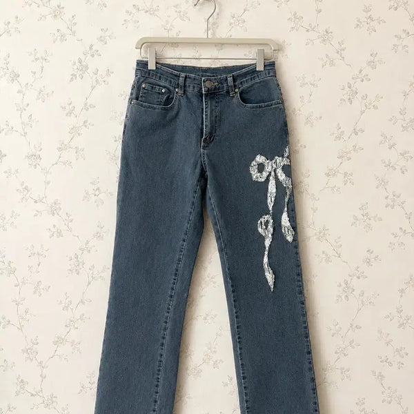 [BUNJANG] Denim Pants with Ribbon Print / 청바지 리본 프린팅 데님 팬츠